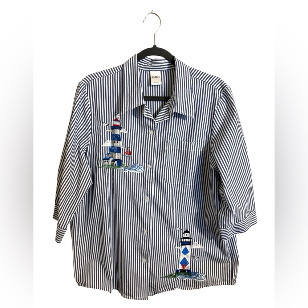 Blair Lighthouse Embroidered Blue Striped Button‎ Up Shirt Large
